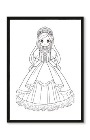 Kawaii cute princess in a gown coloring page for kids, with crisp lines and a white background, in a simple style