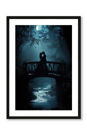 princess and the fairy tale prince kiss on an old wooden bridge over flowing water, surrounded by a dense forest under moonlight. 