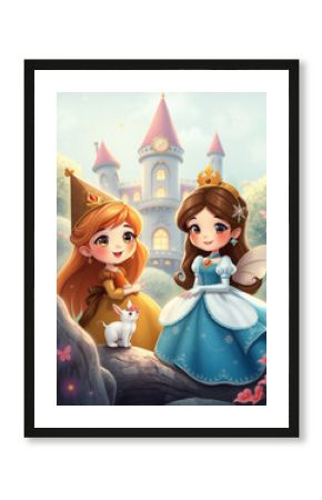 Whimsical princesses and cat in enchanted castle garden