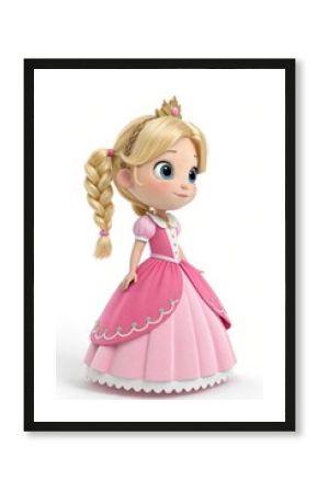 Cartoon princess in a stylish pink gown and a golden crown, with long braided blonde hair, set against a white backdrop