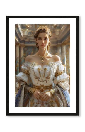 A beautiful woman in a fantasy medieval-style dress of white and blue, with gold accents. The full-body shot is set in a palace, Generative AI