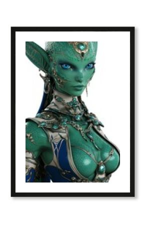 Futuristic Alien Female Model with Emerald-Green Skin and Intricate Jewelry on Isolated Background, Ultra-Detailed 3D Render