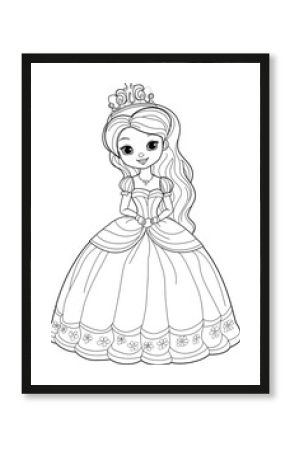 Beautiful Princess with a Crown and a Long Flowing Dress Illustration for Coloring