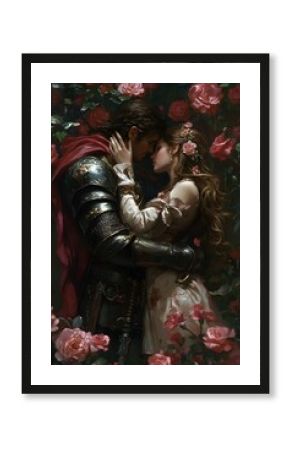 Fantasy princess and knight share romantic embrace