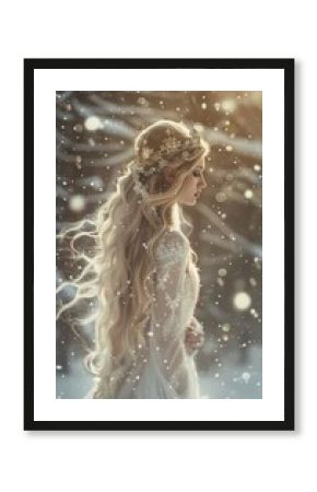 A mesmerizing image of a golden haired princess in snow, adorned in a white gown and sparkling crown