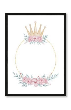 Watercolor illustration for Template with golden crown adorned with pink flowers and green leaves. Floral Frame for baby shower invitations, princess themes and wedding greeting cards.