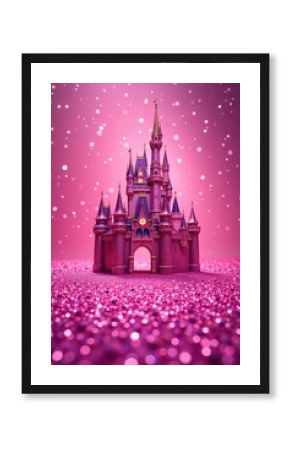 Pink glitter backdrop, princess castle silhouette, border, celebration background, texture