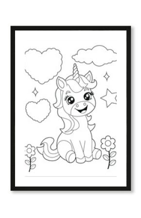 Illustration of a cute baby unicorn cartoon character. Black and white Printable Unicorn coloring page for kids.
