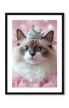 A Ragdoll cat in a princess costume with a glittery tiara. picture