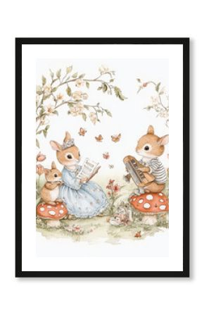 whimsical illustration of cute rabbits floral setting, featuring rabbit princess reading and another playing musical instrument. scene is filled with flowers and butterflies, creating joyful