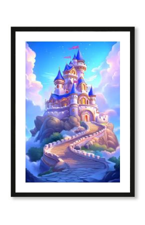 Fairytale castle on a mountaintop, fantasy landscape, game background