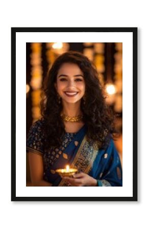A beautiful smiling cheerful brunette in a royal blue sari holding diya in hand