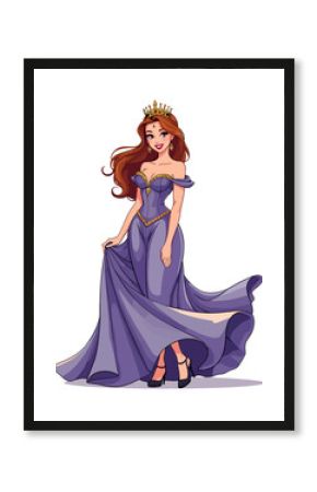 A pretty cartoon princess wearing a purple gown with long brown hair and a crown on her head.