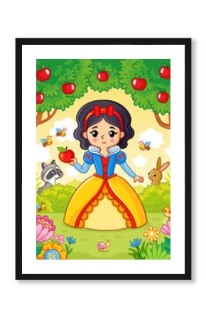 Little cute beautiful princess stands in the forest among trees and animals. Vector illustration in cartoon style.