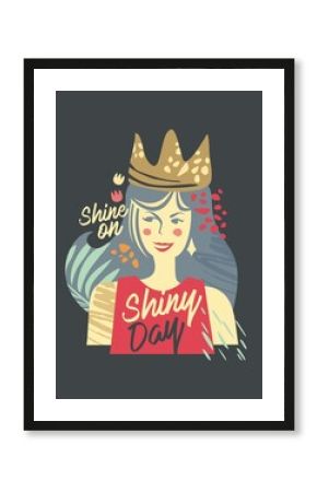 Girl collage fashion tee shirt print template. Pretty princess abstract apparel design. Shiny day contemporary trendy vector t shirt graphic. 