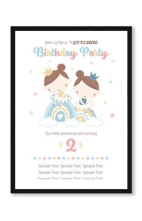 Virtual birthday party invitation template with twin little princesses.