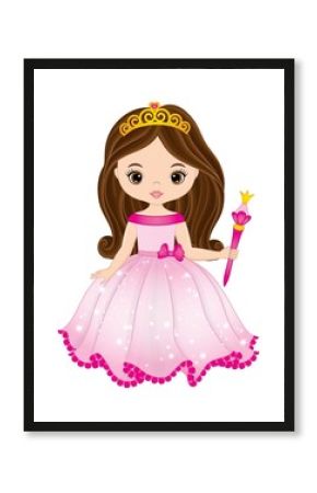 Vector Beautiful Princess Wearing Pink Dress and Tiara and Holding Magic Wand. Vector Princess