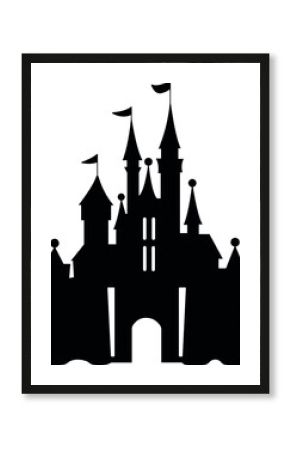 Castle from fairy tale about princess. Tower with flags. Black palace silhouette on white background. Black and white. 