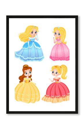 cartoon characters snow white, cinderella, the little mermaid ariel and belle isolated on white background. beautiful fairy princesses in elegant dresses 