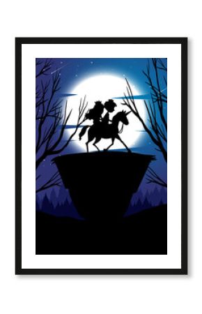 Silhouette prince and princess with full moon background