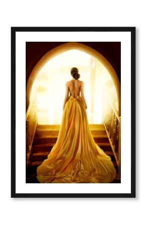 Woman Silhouette in Golden Luxury Gown. Elegant Lady in Yellow Long Silk Dress with naked Back Rear Side View. Fantasy Fashion Model Girl Looking at Light in Doorway