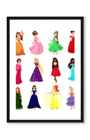 Collection of fabulous young princesses from different countries. Cartoon characters.