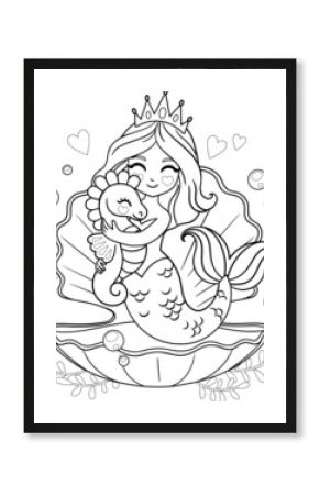 Mermaid princess holds a seahorse. Isolated outline for coloring book