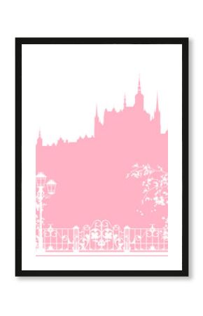 blooming spring season tree branches, fairy tale princess castle and city street with streetlight, fence and gate vector silhouette design set