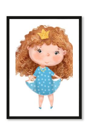 Little cute princess with curly hair, wearing blue dress. Hand drawn Illustration isolated on white background.