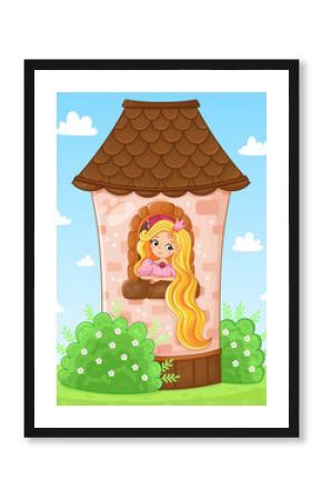 Fairy Tale scene with cute princess in the tower illustration. Vector illustration in a cartoon style.