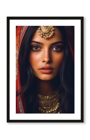 southern princess with headscarf and magnificent jewelry made of gold, chains and headdress, portrait of the face of an indian woman, fictional person made with generative ai