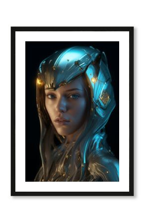 Gorgeous charming fashionable cyber woman with golden space shine suit, stylish futurist lady astronaut with helmet. Ai-generated half length portrait. Scifi movie character, princess girl. 