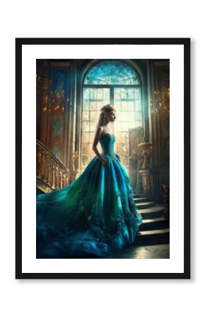 Artistic processing Fantasy girl princess in pink dress stands in medieval room looking vintage window with winter nature landscape mountains sunset. silhouette woman queen long train skirt. Back view