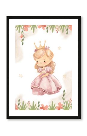 watercolor princess template for nursery, baby shower, invitation for birthday party