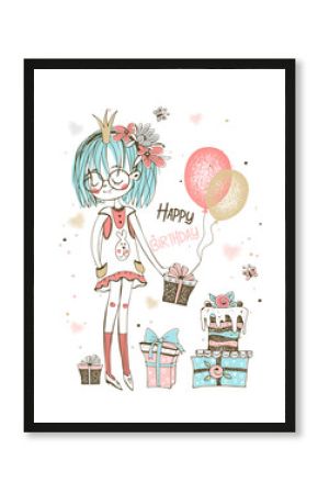 A birthday card with a cute princess girl and gifts. Vector.
