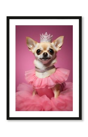 princess chihuahua dog wearing tiara and frilly dress isolated on plain pink studio background