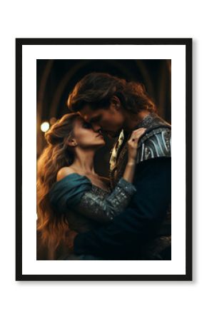 Hero warrior is kissing his princess. Wallpaper, background for romance fantasy stories or books. 