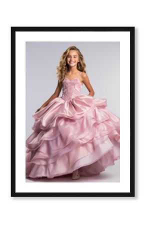 10-year-old girl dressed in pink princess dress playing princess laughing happily at the camera, isolated on plain white background