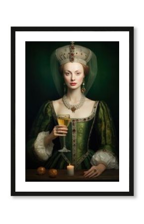 Royal woman with a glass of wine. Funny historical portrait, middle ages royal aesthetics. Queen or princess drinking alcohol.