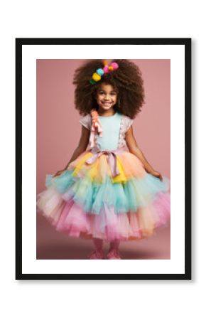 With her festive carnival attire and eye-catching hair, this beautiful African American girl giggles and poses for a cheerful photo.