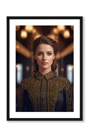 A beautiful young brunette woman in a historic gold dress standing in the hall of a big mansion, beautiful princess in a palace.