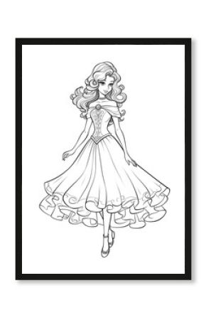 Outline art for a cute little beautiful princess suitable for coloring pages with a white background. 