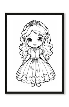 Outline art for a cute little beautiful princess suitable for coloring pages with a white background. 
