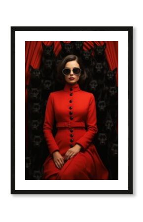 woman red dress sitting throne black cats implanted sunglasses coat pleats shadows modern attire princess jenna courtesy museum sun portrait poppy