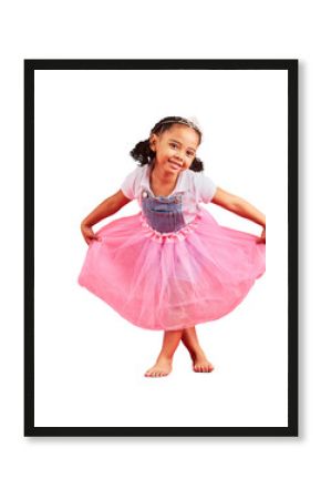 Dance, portrait and girl in princess dress, fantasy and performance isolated on transparent png background. Happy child or kid in ballet skirt, fairytale clothes and pink fashion or crown for dancing