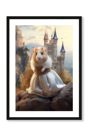A hamster in a dress sitting on a rock with a castle in the background. Generative AI.