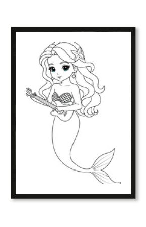 Kawaii mermaid princess playing the guitar coloring page