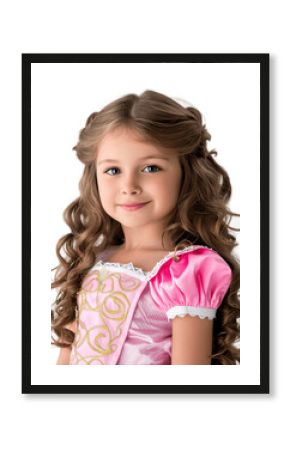 Beautiful little curly girl wearing pink princess costume. Isolated on transparent background, no background, cutout.