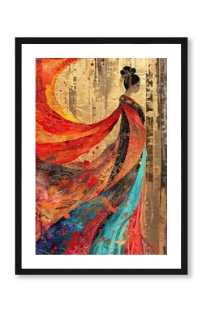 ancient Chinese princess in traditional royal dress with floral pattern, Hanfu, concept art, costume, spring flower, 3d wallpaper, colorful abstract illustration, AI