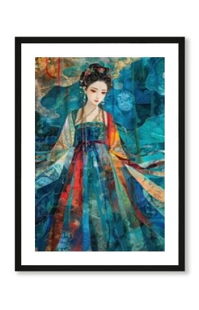 ancient Chinese princess in traditional royal dress with colourful abstract floral pattern, fantasy art, spring flowers, 3d wallpaper, abstract illustration, green, blue, gold, AI